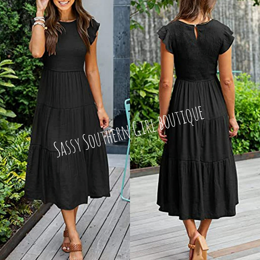 ⭐🆕 Boho black smocked tiered midi dress
